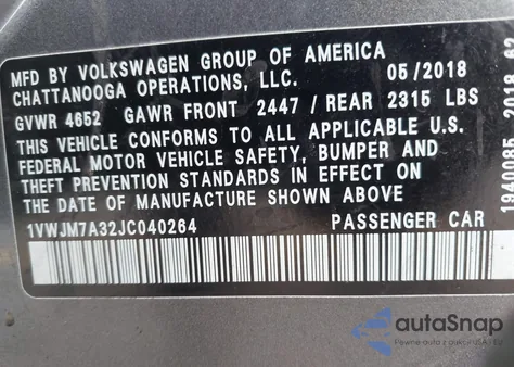 2018 Volkswagen Passat 3.6L V6 Gt z USA, uszkodzony, nr VIN 1VWJM7A32JC040264